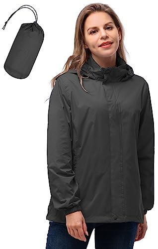 33,000ft Women's Lightweight Rain Jackets Hooded Breathable Packable Running Raincoats Active Trench Windbreaker with Hideaway Hood for Cycling Hiking (Mid Grey-S/UK 10)