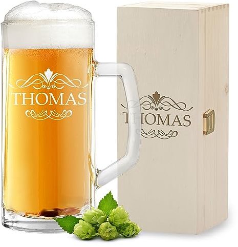 Bierset Bierkrug 500 ml und Holzkiste als Geschenk-Set mit Gravur - Geburtstagsgeschenk für Männer - ideal zum Jubiläum und Vatertag - Bierglas für Pils und Craft Beer - spülmaschinenfest
