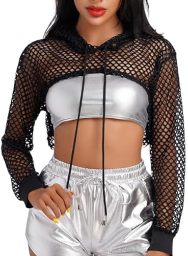 SamHeng Donna Maglia a Rete Manica Lunga Crop Top Camicette in Rete Pullover Aperta sul Fronte Felpa con Cappuccio T-Shirt Corte per Party Clubwear Cover Up (Nero/L)
