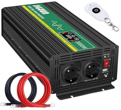 JIGUUN 3000W Convertisseur 12V 220V Pur Sinus Onduleur transformateur Puissance crête 6000W avec Télécommande sans Fil Écran LCD 2 Prises EU 1 Port USB pour Voiture Camping Voyage Urgence