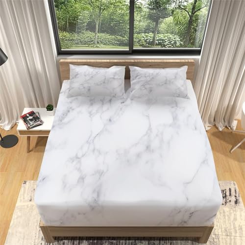 Spannbettlaken 140x200cm Marmor weiß Spannbetttuch Boxspringbett Weiches Microfaser, Bis 30cm Matratzenhöhe, Elastisches Matratzenschoner für Boxspringbett & Wasserbett