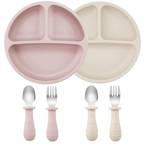 PandaEar Baby Geschirrset 6 Stück, 2 Unterteilter Silikon Kinderteller mit Saugnapf, 2 Babylöffel und 2 Gabeln aus Edelstahl, BPA-frei für Kleinkinder (Hellrosa/Hautfarbe)