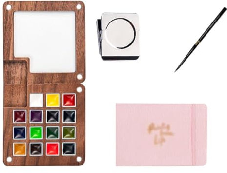 Reise-Farbpalette, tragbares Mini-Aquarell-Paletten-Set, Holzgitter, Aquarellkasten, Mini-Set, Aquarellmalpapier