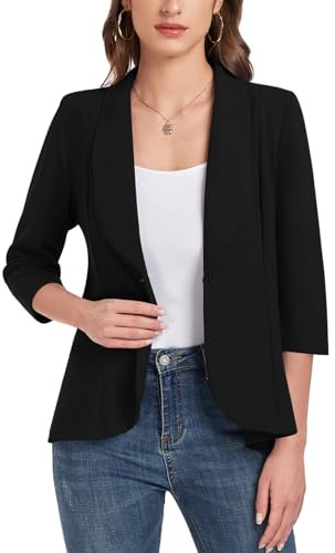 YOUNIFIZ Blazer da donna con maniche a 3/4, cardigan aperto sul davanti, con bottoni, collo a scialle, giacche da lavoro, ufficio, giacche, Nero , XL
