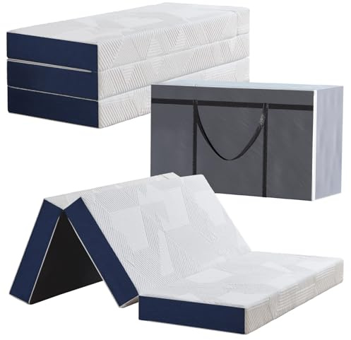Hiimgo Faltmatratze 75 x 195 x 10 cm, 4-teilig Klappbar - Faltbare Klappmatratze mit abnehmbarem Bezug, Gästematratze für Reisen Camping Gästebett (Weiß & Blau)