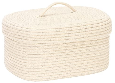 Sea Team Oval Cotton Rope Storage Basket with Lid, Lidded Woven Storage Bin, Nursery Storage Container, Diaper Caddy, Baby Shower Basket, Box, Organizer, 15 x 11 x 6.5 Inches (Medium, Cream)