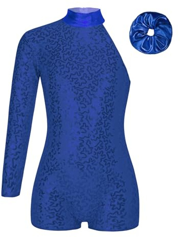 YEAHDOR Ragazze Ginnastica Leotards Body Danza Classica Monospalla Leotards con Paillettes con Fascia per Cappelli Tuta Intera Corta da Pattinaggio Artistico Blu 11-12 anni