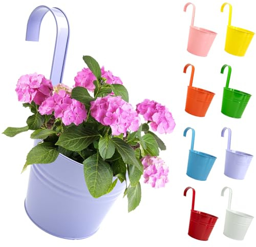 XXXFLOWER Vaso da fiori da appendere, grande vaso da fiori da appendere in metallo, colorato, per balcone, giardino, parete, robusto vaso da appendere con gancio rimovibile e foro di scarico, 8 pezzi