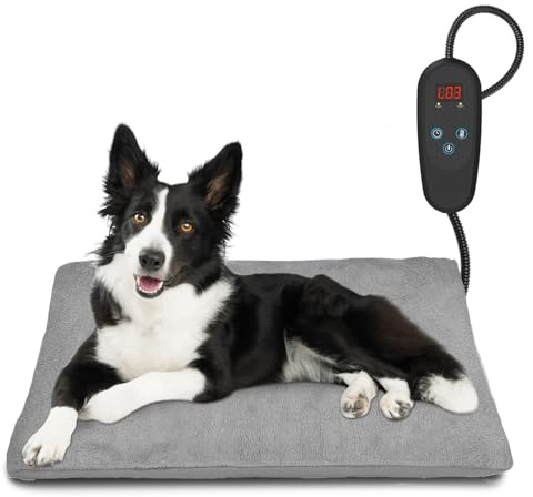 petnf Tapis Chauffant pour Chien et Chat 45 x 75 cm - Réglage 6 Températures, Minuterie 24h, Arrêt Automatique, Câble Anti-Morsure - Gris