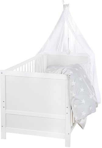roba Kinderbettset „Sterne grau“ – mitwachsendes Babybett mit Matratze, Bettwäsche & Himmel