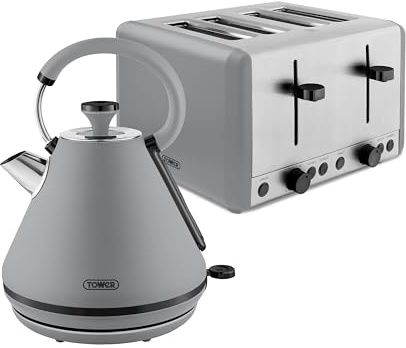 Tower Sera Kitchen Set, 1.7L Rapid Boil Kettle and 4 Slice Toaster, Grey, T20086GRY & T10079GRY