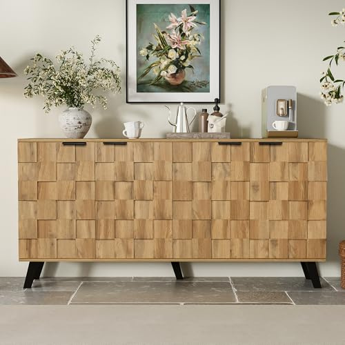 Merax Sideboard Cabinet Cupboard with 4 Doors, Sideboards for Living Room, Kitchen, and Hallway, with textured geometric wood pattern, black handles and legs, 150 x 35 x 78 cm