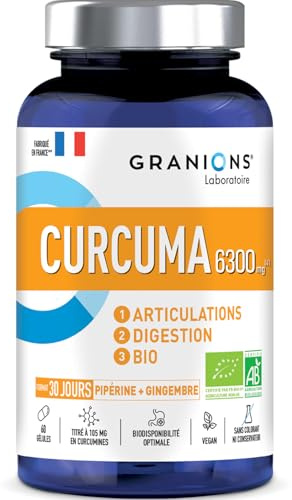 GRANIONS – Curcuma 6300 mg Bio – Articulations & Digestion – Curcumine 105 mg + Gingembre +Dginger + Poivre Noir Pipérine – Complément Alimentaire Bio Articulations – Adultes – 60 Gélules