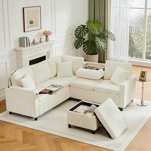 Sofá esquinero en forma de L con función de cama, sofá seccional con luz de lectura, puertos USB tipo C, sofá de 4 plazas con reposapiés, sofá con portavasos plegable, sofás de 4 plazas, chenilla beis