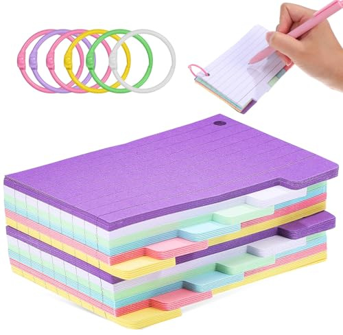 Uonlytech Tarjetas de Índice Rayadas con Anillas, Juego de 300 Hojas en 6 Colores, Fichas para Estudiar y Organizar Notas, Tarjetas Didácticas para Oficina y Material Color Aleatorio