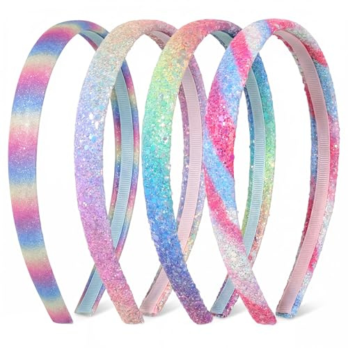 HJZHII 4 st glitterpannband för flickor, regnbåge pannband hårband halkskydd glitter flickor pannband rosa regnbåge vit pannband bling huvudband hårtillbehör