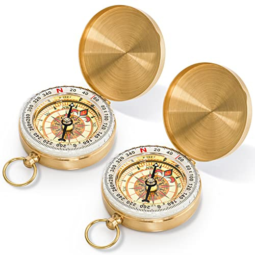 Tebery 2 Pack Classic Pocket Style Copper Clamshell Compass, Glow in The Dark Military Compass Survival Gear Compass, Waterproof Luminous Kids Compass for Hiking Camping Hunting Climbing