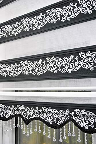 kskeskin Duo Rollo 100 cm x 200 cm schwarz silberranken Doppelrollo mit Alukassette mit breiter Beschwerung und Perlen Volant