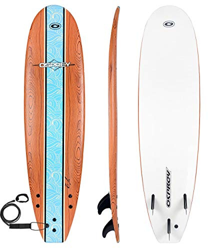 Osprey Foam Surfboard Soft Foamie Complete with Leash and Fins, Wood Effect, 7.2 ft