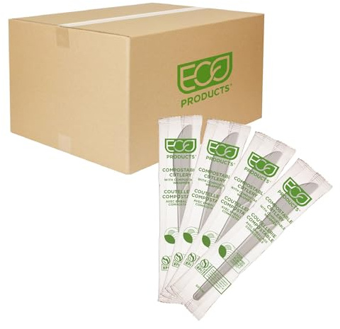 ECO PRODUCTS Plantware Disposable Compostable PLA Plastic Wrapped Utensil Cutlery, 6 Knife, Case of 1000