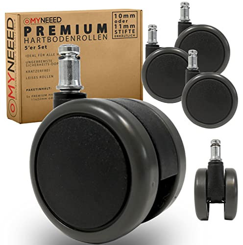 MYNEEED Ruedas para silla de oficina para suelo duro, 11 mm, ruedas dobles de seguridad, sin arañazos y silenciosas, con certificado TÜV & GS