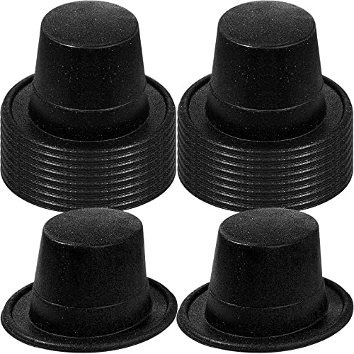 Hillban 50 Pack Glitter Top Hats Bulk Happy New Year Shiny Magician Top Hat for Adults Party(Black,Solid Color)
