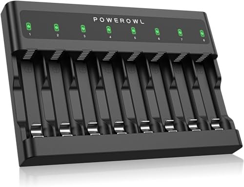 POWEROWL Cargaor de Pilas AA AAA de 8 Bahías, Ranura Independiente, Carga USB para Pilas Recargables Ni-MH Ni-CD AA AAA