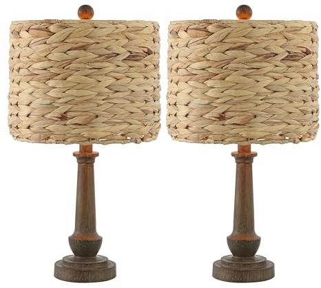 JONATHAN Y 21.25 Brown Wood Finish Resin Table Lamp Set of 2, Rustic Farmhouse Handwoven Water Hyacinth Shade, Bohemian Bedside Lamp for Living Room, LED Bulbs Included JYL4052A-SET2