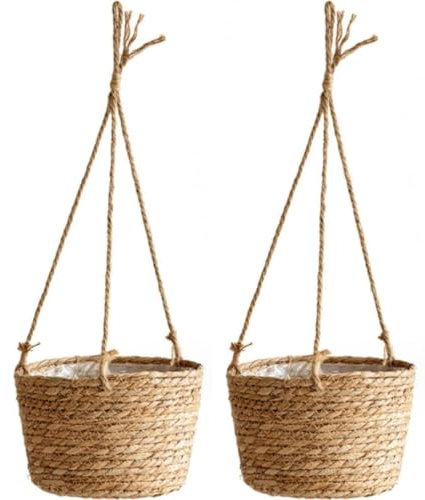 PEIQICHU 2 Pieces Hanging Plant Baskets Hang Pots Handmade Nature Hanging Flower Holder with Long Rope & Hooks Indoor Outdoor Decorative Planter Hanger Wicker Macrame Seagrass Plant Pot