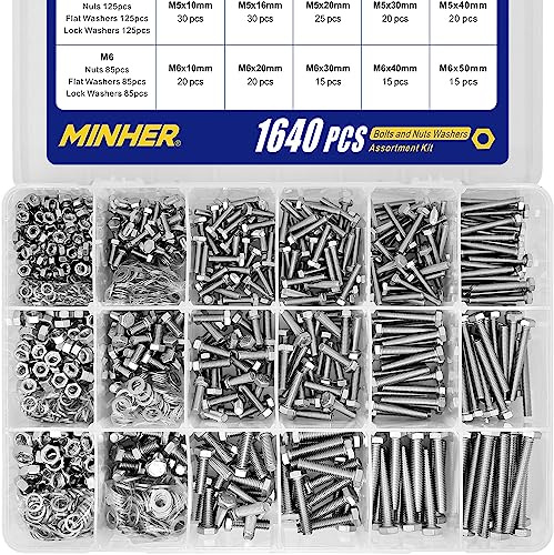 MINHER 1640 stycken M4 M5 M6 304 rostfritt stål sexkantskruvar bultar och muttrar brickset, maskinskruvar skruvar 10–50 mm