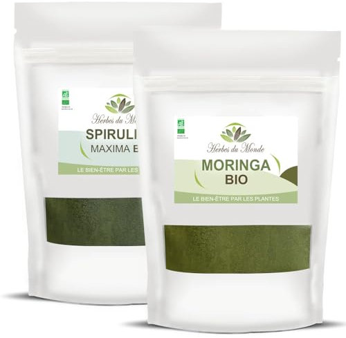 Herbes du Monde - Duo Sportif BIO - Spiruline BIO et Moringa BIO - Poudre Alimentaire Organic - Riche en Protéine pour faire le plein d'énergie - Lot de 2 sachet de 100g Certifiée AB