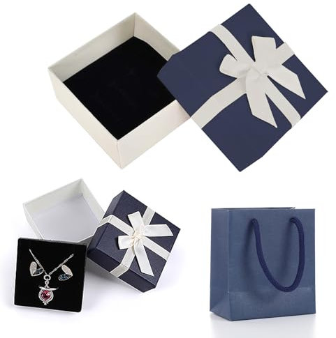 FRTAOOP 2 Stück Schmuck Geschenkbox, Geschenkbox mit Deckel, Geschenkkarton mit Schleife, für Kette, Ring, Ohrringe (Blau)