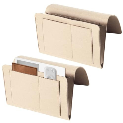 Mlysnd 2pcs Bedside Organiser Bed Pocket Bedside Hanging Bag, Bedside Felt Storage Bag for Mobile Phone, iPad, Remote Control, Books, Glasses, Magazines - Beige 32 * 21cm