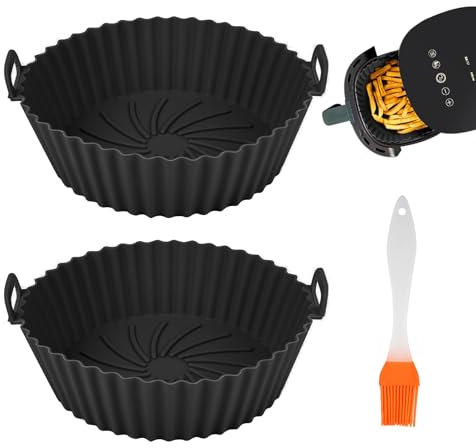 JCUGSBS 2 Pièces Moule Silicone Air Fryer,20cm Accessoire Panier de Friteuse à Air pour Philips Ninja Foodi Max Cosori Moulinex Tefal Micro-ondes,Four,Avec pinceau, noir