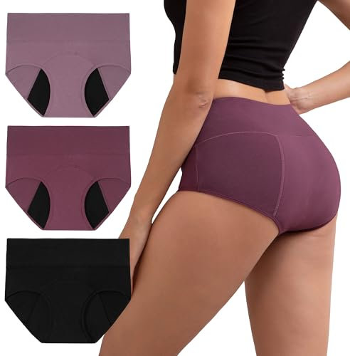 INNERSY Periodenunterwäsche High Waist Leichte Blutung Period Panties Wochenbett Unterhosen 3 Pack (38, Schwarz/Dunkelviolett/Lila)