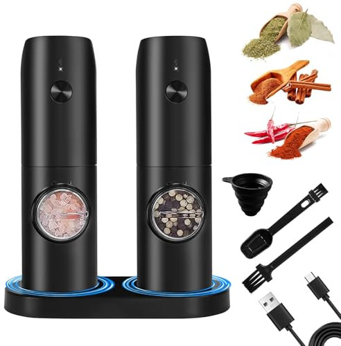 UCAMP Elektrische Salz und Pfeffermühle Set mit Wiederaufladbarer Basis,Einstellbarer Grobheit Gewürzmühle,Pfeffermühle Elektrisch Automatisches Mahlen,mit Reinigungsbürste und Löffel
