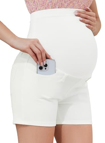 AMPOSH Women's Maternity Over-The-Belly Jean Shorts – Stretch Denim Summer Pregnancy Shorts with Pockets