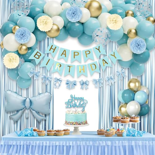Decoraciones de cumpleaños azules, juego de guirnaldas de arco de globo azul con pancarta de feliz cumpleaños, cortina de lluvia con borlas, globos de lazo grande y pompones, perfecto para fiestas de