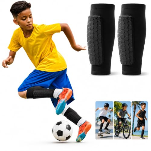 Kids Soccer Shin Guards- Certified Shin Pad Sleeves Kids Football Gear, Breathable and Lightweight Football Shin Guards Shin Protector for Boys/Girls Training - Compatible with Brand Soccer Socks