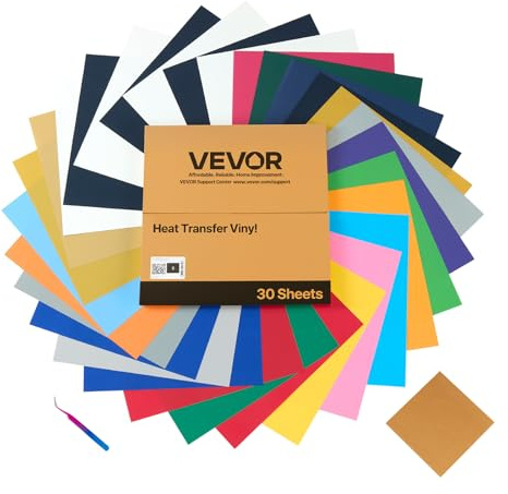 VEVOR pvc-k-vinyl-30 st överföringsfolie (304,8 x 304,8 mm) 30 blad, olika färger, plotterfolie kompatibel med skärmaskiner, påstrykningsfolie för T-shirts kuddar, hattar, PVC