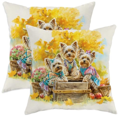 Juego de 2 fundas de cojín otoñales de Yorkshire Terrier, diseño floral de perros, fundas de cojín rústicas decorativas para el hogar, fundas cuadradas para sofá, cama, sofá, 18 x 18 pulgadas