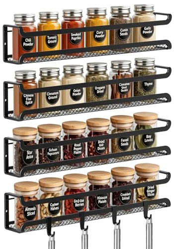 FOTINOR Spice Rack Wall Mounted 4-Pack for Inside Cupboard Spice Organiser | Self-Adhesive Hook, No Drilling, 4 Movable Hooks, Carbon Steel, for Kitchen Cabinet Door Spice Jar Storage, Space-Saving
