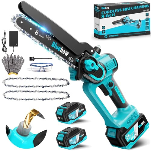 Bluebow Mini Akku Kettensäge - 8 Zoll Starker Brushless 8000mAh Akku Kettensäge mit Automatischer Öler, Sicherheitsschloss, Ersatzkette, Elektro Handkettensäge für Gartengeräte Astsäge Holzschneidenz