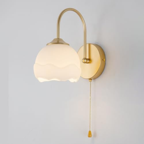 ZXQUEGF med dragströmbrytare Glasvägglampa, guld Vägglampor inomhusdekoration för sovrum, arbetsrum, badrum, toalettbord, nordisk väggmonterad vägglampa