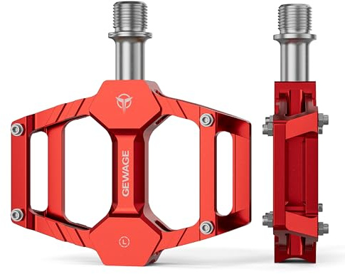 GEWAGE set di pedali per bicicletta – Pedali in alluminio CNC con asse in CR-MO, solo 283 g, perni antiscivolo, pedali versatili per MTB, gravel, trekking, bici da corsa e bici per bambini (Rosso)