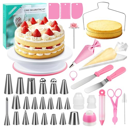 Jukibole Kit Repostería y Pastelería 61 Piezas, Boquillas Manga Pastelera, Plato Giratorio para Tartas, Mangas Pasteleras, Espátulas, Accesorios Reposteria para Principiantes y Usuarios