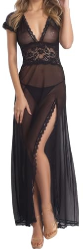 ZXLIHS Mesh Klänning Långa genomskinliga Maxiklänningar Skira underkläder Sida Slit Club Bodycon Djup V-ringad Nattlinne Sovkläder för Festival Beach Cover Party Balklänningar