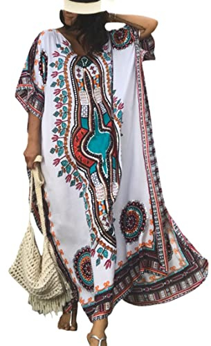 SMUDGE Life Kaftan Dresses for Women Plus Size Summer Beach Dress with Print and Swim Cover Ups A-White