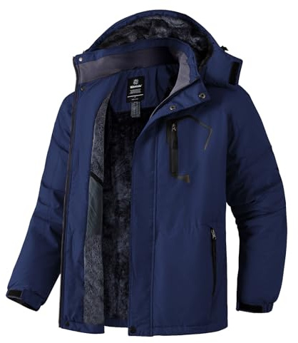 Wantdo Chaquetas Impermeable Montaña Abrigo Windbreaker Paño Grueso Suave Parka para Acampar Viajar Chaquetas de Bolsillos Múltiples Cremallera para Hombre Azul Oscuro Small