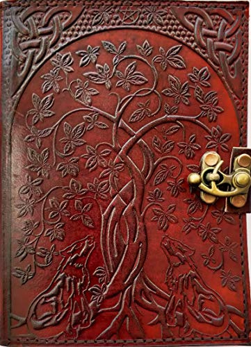 URBAN LEATHER Carnet de Notes Vintage en Cuir Motif Loup et Arbre de Vie, Cadeau Pour Homme et Femme, Grimoire des Ombres, Carnet de Croquis Marron Fait Main, Pages Vierges Non Lignées